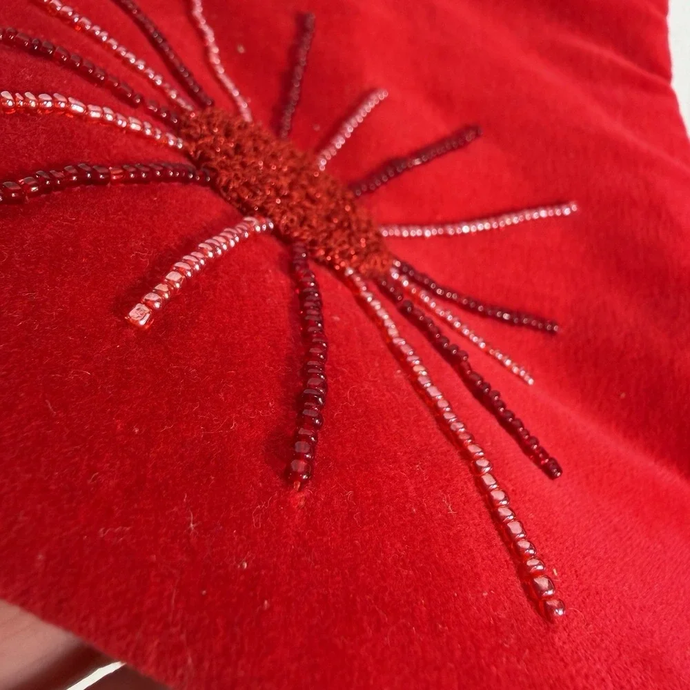 Merry Christmas Stocking Red Velvet Beaded Xmas Hanging Primitive‎ Mid-Century
